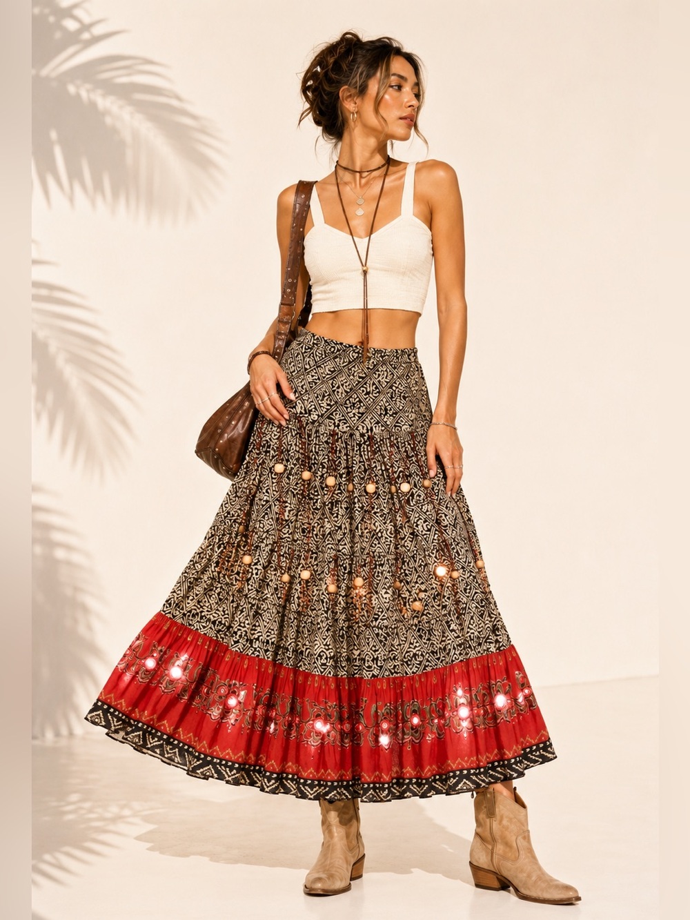 Y2K Festival Drop Waist Cotton Sequin Beaded Mirror Maxi Skirt Drop Waist Sz L